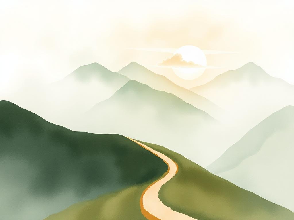 Watercolour of a path winding through misty mountains toward light