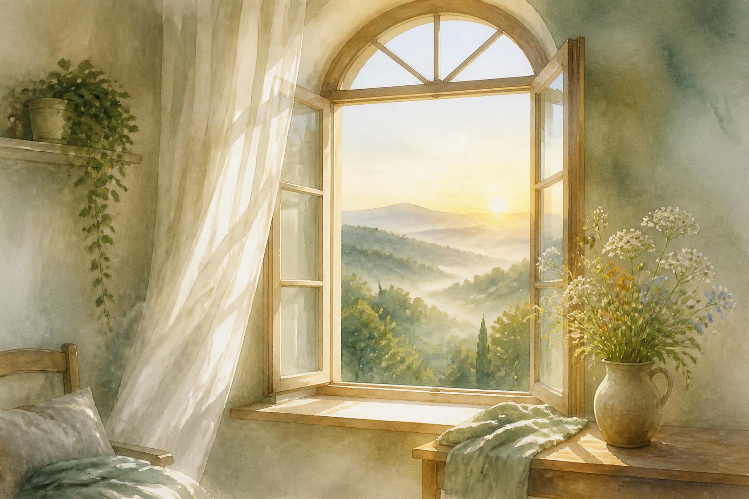 Watercolour of dawn light through an open window onto a quiet room
