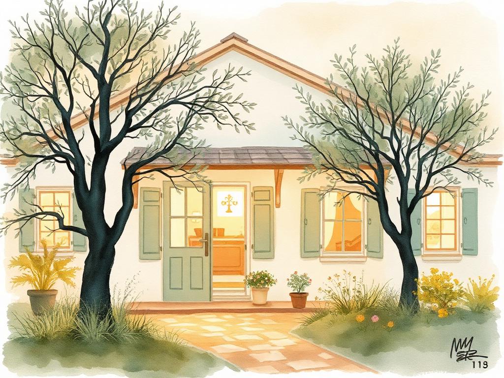 Watercolour of a warm family home with lit windows at dusk