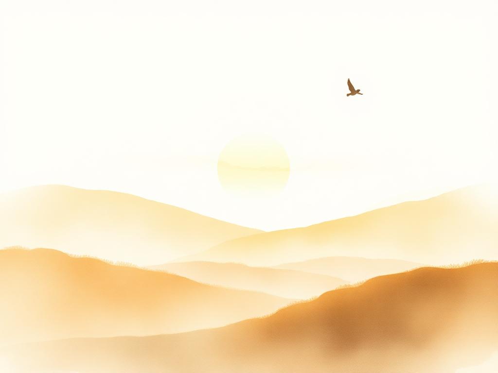 Watercolour sunrise over soft hills with a single bird