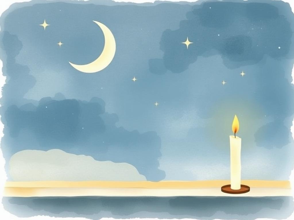 Watercolour night sky with a crescent moon and a lit candle